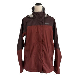 REI Co-Op Rainier Rain Jacket Women XL Brown Peak 2.5L Full Zip Pockets Outdoors